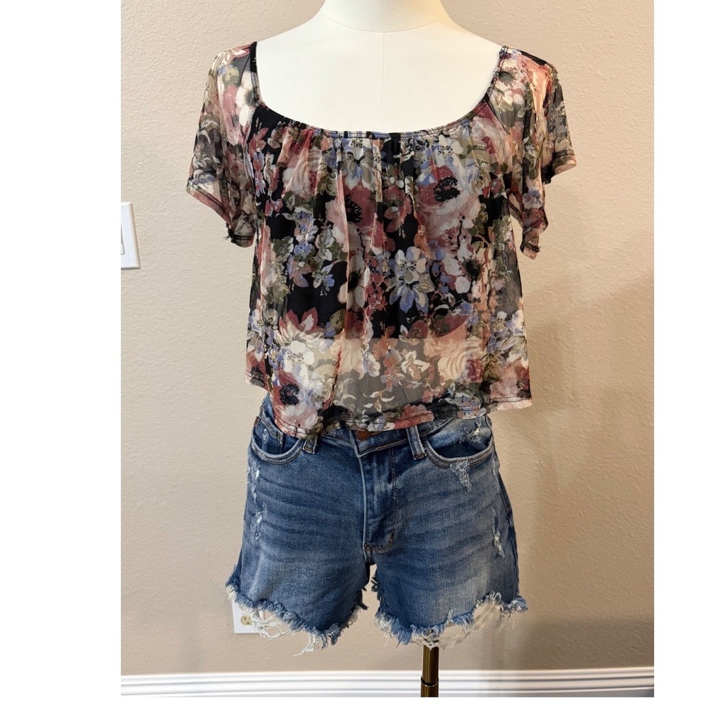 Wet Seal Floral Mesh Overlay Crop Top XS Black Pink Boho Fairycore Romantic
